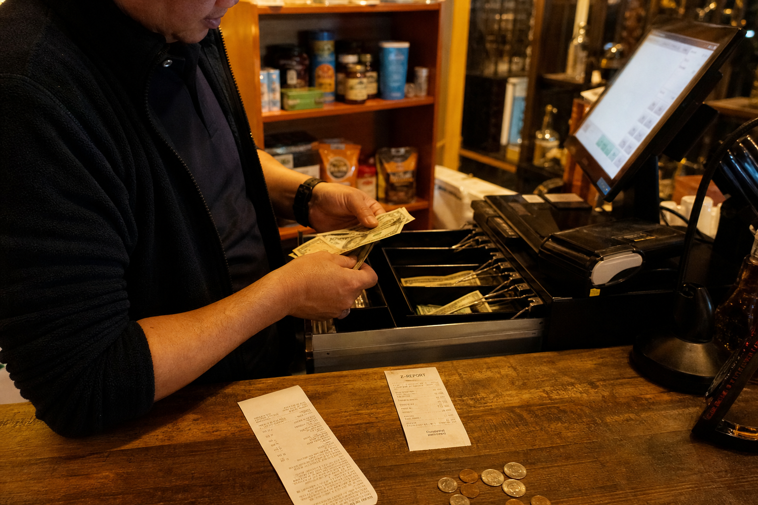 Barista completing a sale at a shop counter