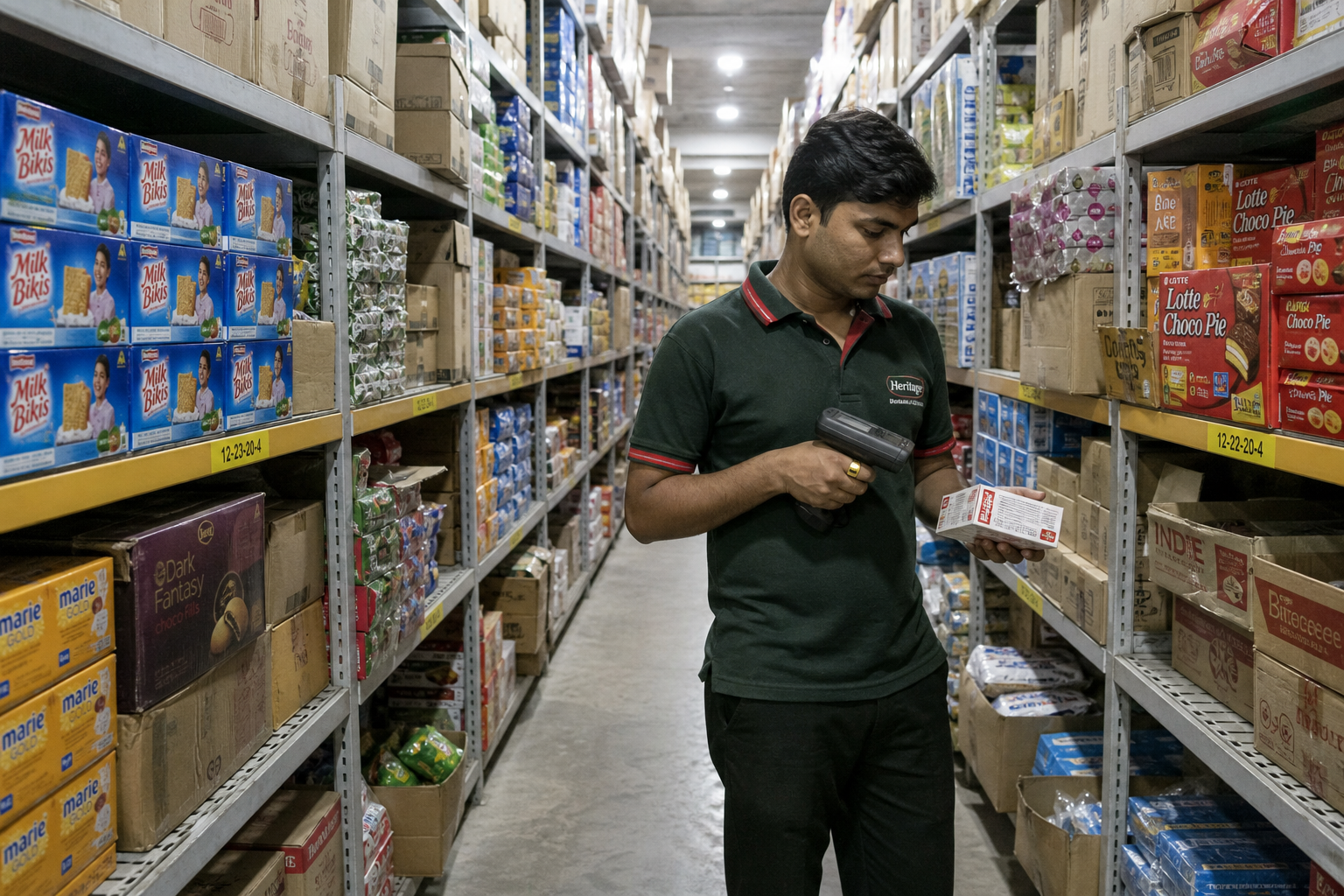 FMCG warehouse aisle with high SKU shelves and a worker scanning inventory