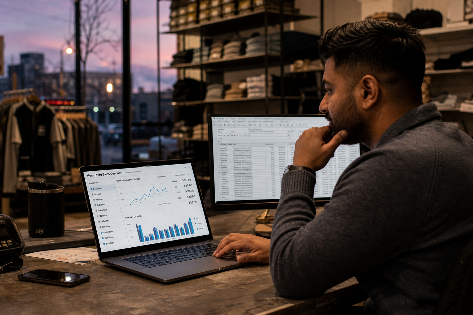 Retail owner reviewing multi-store sales on a laptop at a shop desk